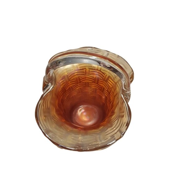 Carnival Glass Basket Candy Dish Basketweave Applied Clear Handle 6" - Picture 6 of 10